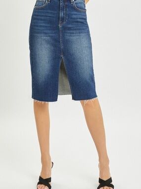 Classic Dark Blue Denim Pencil Skirt - Raw Hem